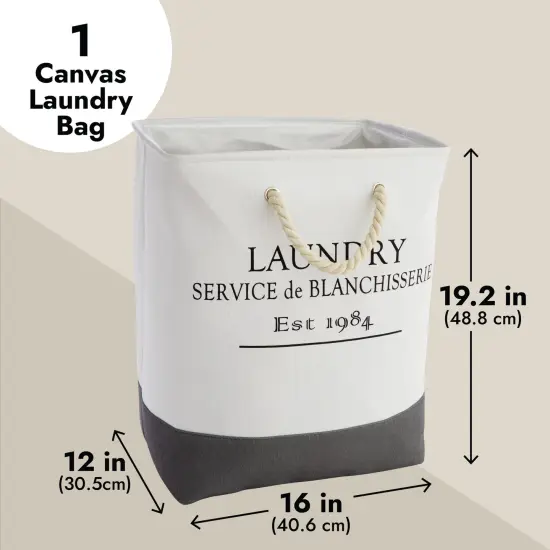 Canvas Laundry Basket with Handles for Bathroom, Bedroom (White and Gray, 60 L Capacity, 12x16x19.2 In) {3}
