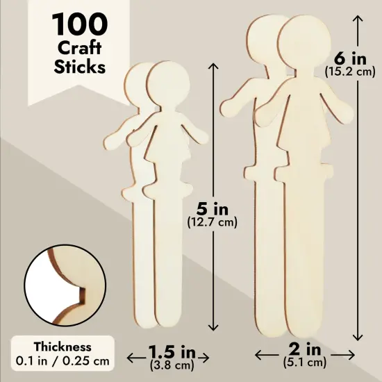 100 Pack Unfinished People Shaped Craft Sticks, Wooden Popsicle Sticks for DIY Projects Brown {4}