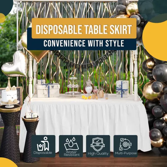 Ruffle Disposable Table Skirt 14 Ft Long Pleated Table Skirts with Adhesive Strip &ndash; Fits 6ft+ Rectangle or Round Tables &ndash; Ideal for Birthday Parties, Gender Reveal, Baby Showers & Event Decorations 6 pack by Exquisite White {6}