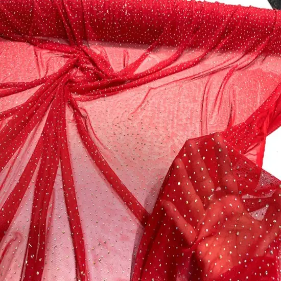 1 Yard Sheer Power Mesh With AB Rhinestones Stretch Fabric for Dancewear, Gowns & DIY Red {1}