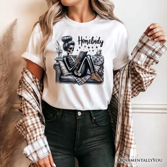 Homebody Reading Skeleton T-Shirt, Funny Lazy Selfcare Tee for Introvert Women {2}