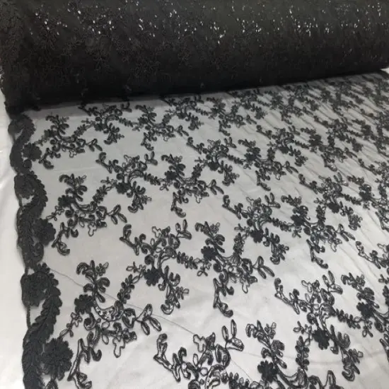 1 Yard Elegant Black Floral Embroidery Lace Mesh Fabric for Wedding Dresses 50 Inch Width {2}