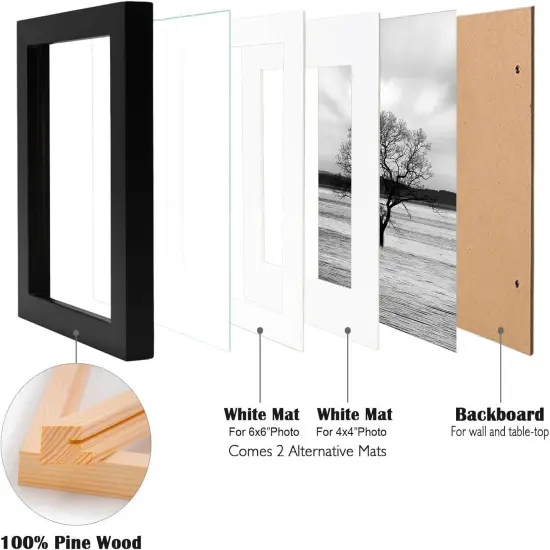8x8 Picture Frames 4 PCS - Made of Solid Wood Covered by Plexiglass Display 4x4/6x6 with Mat or 8x8 without Mat, for Table Top Display and Wall Mounting Photo Frame Black {3}