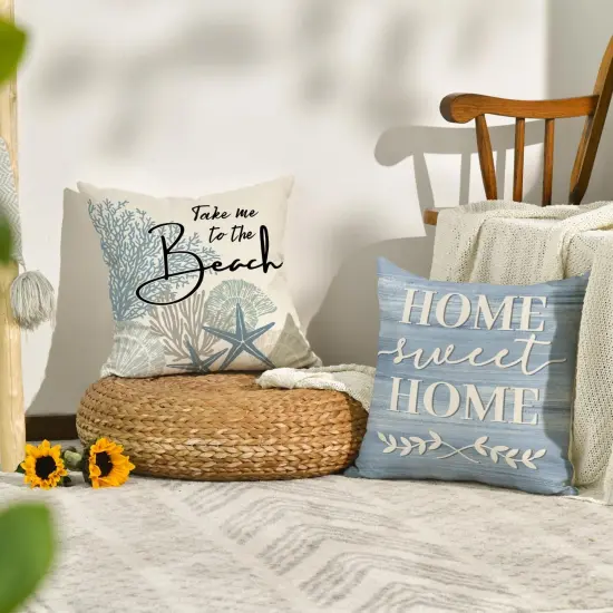 colorlife Summer Take Me to The Beach Coral Starfish Throw Pillow Covers, 18 x 18 Inch Home Sweet Home Motto Blue Cushion Case for Sofa Couch Set of 4 {4}