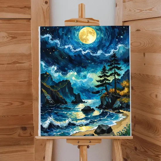 Seaside Scenery Paint by Numbers Kit for Adults Beginner Moon Adult Paint by Number Kits On Canvas Adults Beach Night View Oil Painting Kits for Gift Home Wall Decor 16x20 Inch {3}
