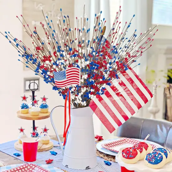 120 Pcs Artificial Jasmine Flowers Stems with Blue White Red Berry for Patriotic Decorations, 21.6" Long Stem Jasmine Faux Flowers for 4th of July Home Independence Day Decor {2}