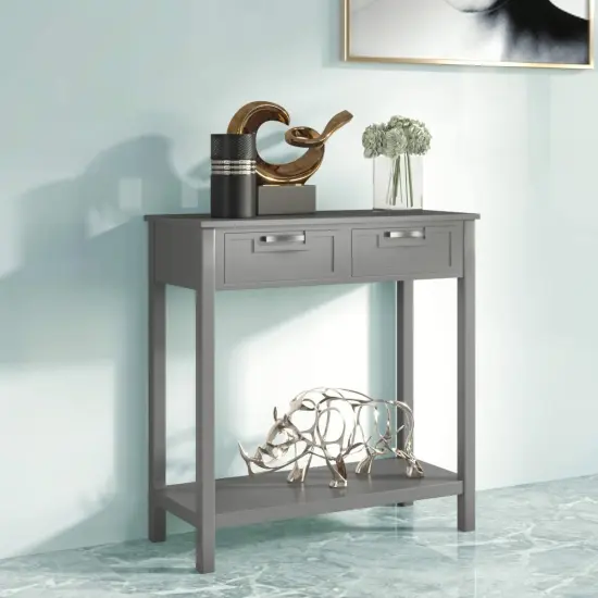Modern Acacia Wood Entryway Table with Drawers Waterproof MDF Accent Cabinet Grey {2}