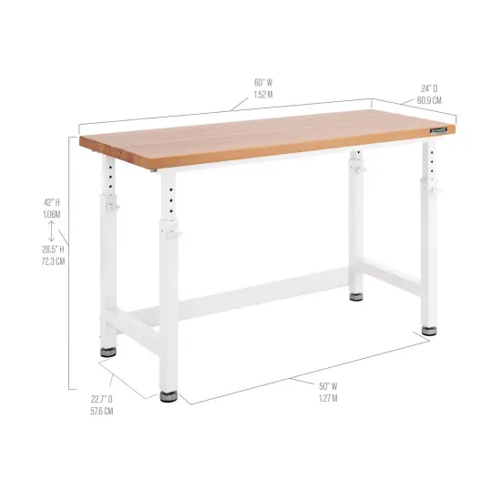 Seville Classics UltraHD Height Adjustable Workbench, 60" W x 24" D x 28.5" to 42"H White {2}