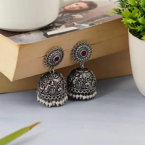 Indian Oxidized Jhumka Earrings for Women - Indian Floral Oxidized Jhumki Ethnic Chandbali Earrings Faux Pearls with Oxidized Platting Bollywood Style Dangle Earring Jewelry for Bride BLACK {4}