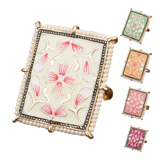 Classic Ring Meenakari Work Designer Adjustable Pearl Finger Ring for Women Minakari Ring with Gold Plating Statement Ring Boho Open Wrap Indian Bollywood Jewelry for Wedding Party White {1}