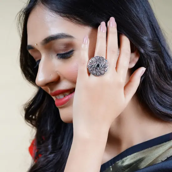 Classic Ring with Oxidised Plating Women Rings Open Wrap Finger Rings Adjustable Indian Bollywood Jewelry Antique Vintage Knuckle Boho Jewelry for Women RUBY {3}