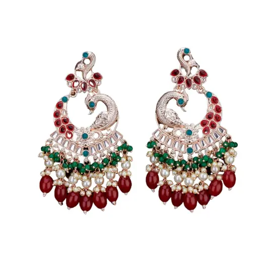 Oversized / Big Indian Jhumka Earrings for Women - Indian Peacock Earrings Ethnic Chandbali Jhumki Kundan & Faux Pearl Beaded Bollywood Style Dangle Earring MAROON {1}