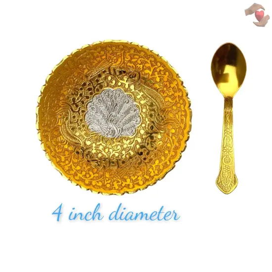 Diwali Gift Hamper German Gold Silver Plated Round Bowl and Spoon with Velvet Box Diwali Gift Item Festive Diwali Pujan Home Decorative Bhog Bowl for Employees Friends Relative {4}