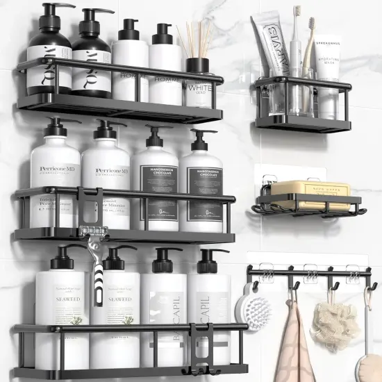 6 Pack Shower Caddy Organizer with Soap Holder and 12 Hooks - Black (L Size) {1}