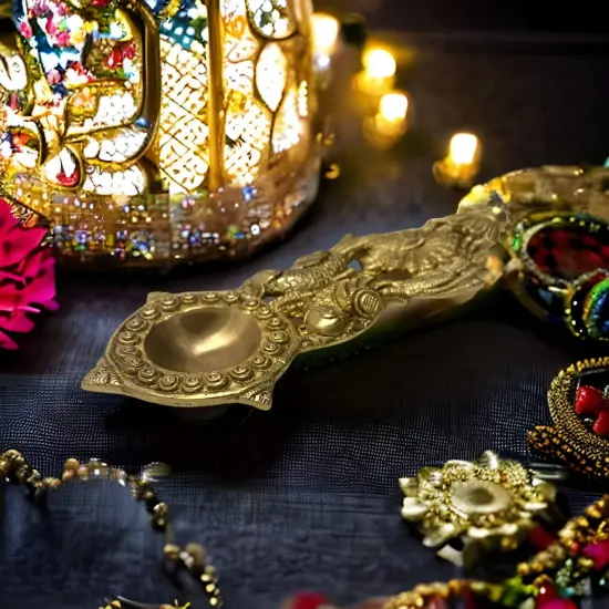 Brass Finish Pooja Aarti Spoon 1 Pc Diya Twin Parrot Design Round Hawan Spoon for Pouring Ghee in Hawan Kund Diwali Gift Ethnic Indian Aarti Spoon Wedding Return Gifts Home Temple Decor {2}