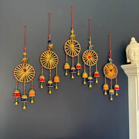 Rajasthani Ring Elephant Wall Door Hangings with Bells Traditional Handicraft Hanging Decorative Latkan for Home Office Decor Diwali Decoration Wall Art Housewarming Gifts {5}