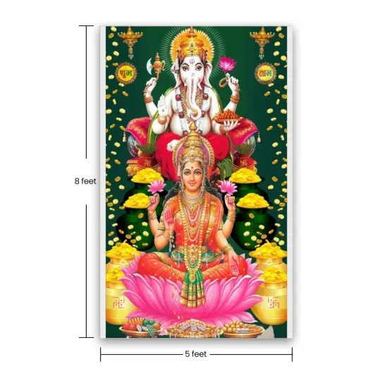 Laxmi Ganesh Backdrop 5x8 Feet Backdrop Indian Traditional Cloth Varalaxmi Vratam Decor Indian Diwali Decor Pooja Wall Decor Indian Wall Art Photo Decor Banner Navratri Decor {4}