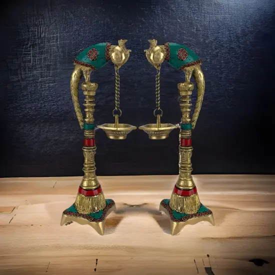 Brass Parrot Wall Hanging Diya with Chain Annam Hanging Idol Oil Lamp Diya for Home Temple Mandir Office Diwali Decor Kathu Vilakku Puja Diya - Deepawali Housewarming Return Gift {7}