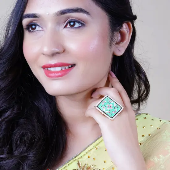 Classic Ring Meenakari Work Designer Adjustable Pearl Finger Ring for Women Minakari Ring with Gold Plating Statement Ring Boho Open Wrap Indian Bollywood Jewelry for Wedding Party Rani {3}