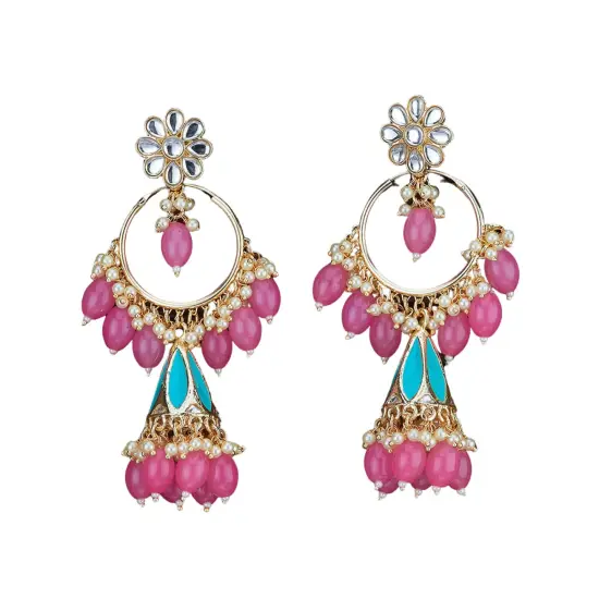 Indian Jhumka Earrings for Women - Large Kundan Faux Pearls Drop Chanbali Earrings Floral Indian Jhumki Ethnic Beaded Bollywood Style Dangle Earrings Jewelry for Bride Birthday Gift for Her BLACKMAROON {5}