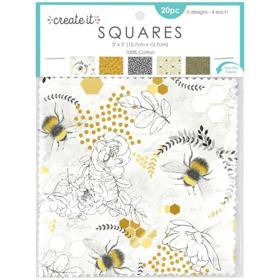 Fabric Squares Bee Prints 20 pc 5"x5" 4 ea of 5 designs 100% Cotton {1}
