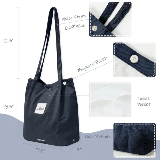 Wrapables Corduroy Tote Bag, Casual Everyday Shoulder Handbag, Navy {2}