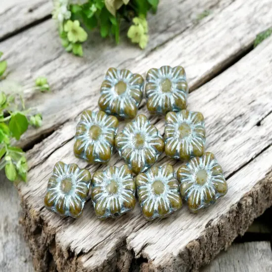 *13* 11mm Metallic Turquise Washed Pale Blue Travertine Square Zinnia Flower Beads {2}