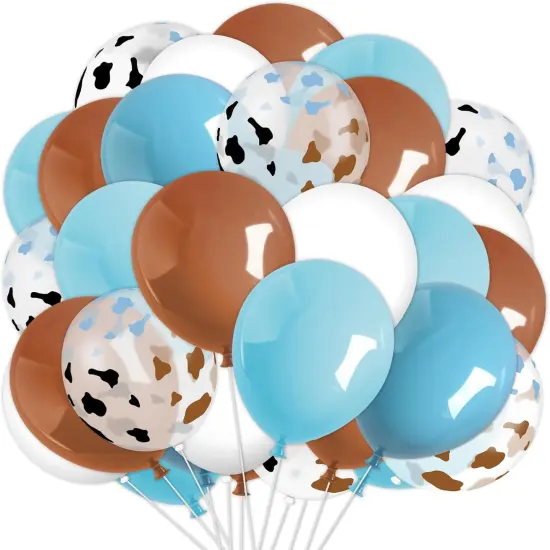 60Pcs Cowboy Western Party Balloon Blue Brown Cow Printed Latex Cow Spot Clear Balloon for Wild West Birthday Baby Shower Farm Party Decor, 12 in {1}