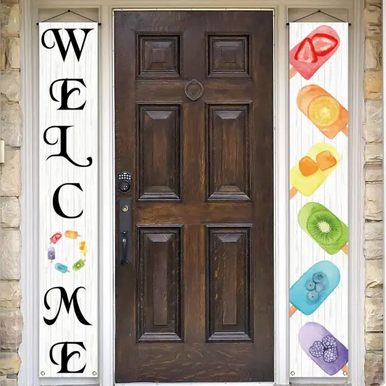 Summer Popsicle Porch Banner Welcome Summer Seasonal Holiday Party Farmhouse Front Door Sign Wall Hanging Banner Decoration {1}
