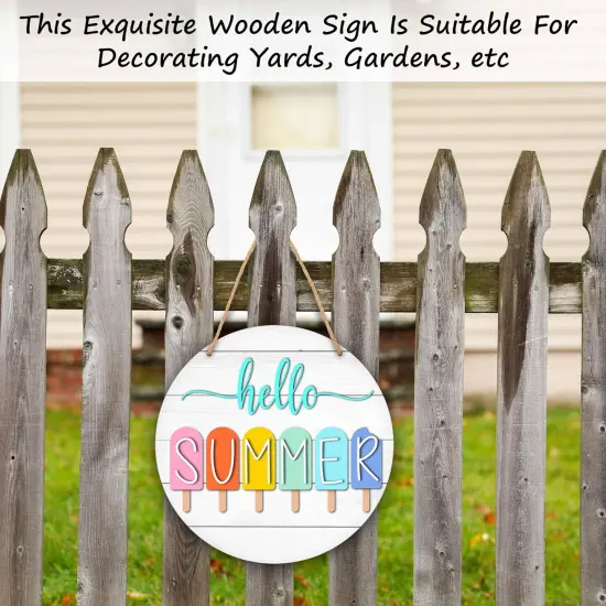 Summer Welcome Sign for Front Door, Hello Summer Wooden Signs Wall Decor, Popsicle Round Hanging Sign With Rope, Summer Decor For Home Front Door Porch, A10 {5}