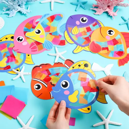 24 Pcs Under The Sea Fish Suncatcher Craft Kit Tropicial Fish Shaped Suncatcher Summer Craft Kit Window DIY Tissue Paper Decoration {3}