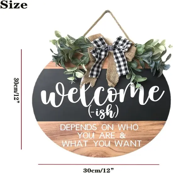 Welcome Sign Front for Door Decoration, 12 in Round Wood Wreaths Wall Hanging Outdoor, Farmhouse, Porch, for Summer Fall All Seasons Holiday Christmas {4}