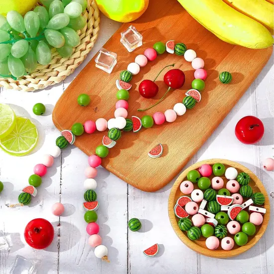 100 Pcs Watermelon Wooden Beads 16 mm Summer Multi Colored Wooden Beads Bulk Colorful Summer Wood Beads for Crafts Round Loose Spacer Beads for DIY {5}
