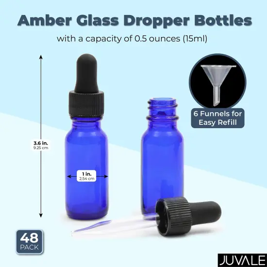 48 Count 0.5 oz Blue Glass Dropper Bottles and 6 Funnels (15 ml, 54 Pieces) {5}
