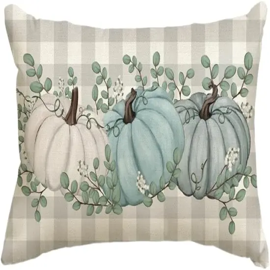 Buffalo Plaid Pumpkin Eucalyptus Leaves Throw Pillow Cover {1}