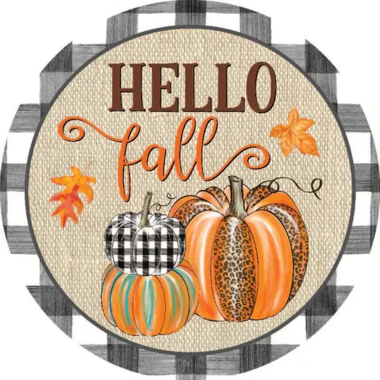 Hello Fall Leopard Pumpkins Black Plaid Sign {2}