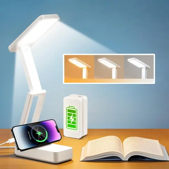 Small Desk Lamp, 6000 mAh Rechargeable Desk Lamps, 3 Colors & 15 Brightness Portable Light with Wireless Charger, Nail Lamp for Desk Puzzle Light {2}