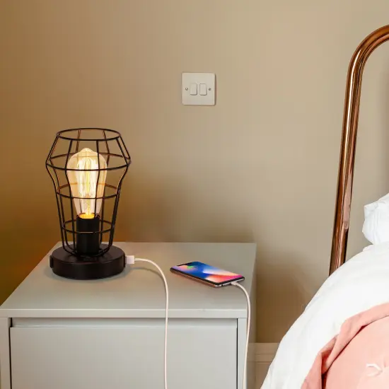 2PCS Industrial Cage Desk Lamps Vintage Table Lamps with Dual USB Ports & AC Outlet, UL-Certified Steampunk Bedside Lights for Office, Bedroom, or Gift {6}