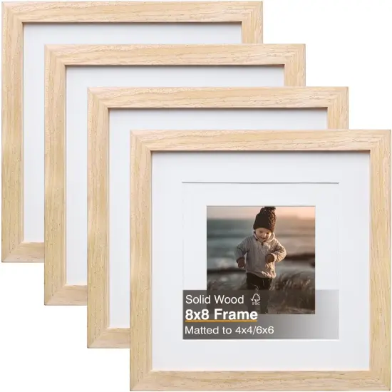 8x8 Picture Frame, Natural Square Solid Wood Frames for Pictures 4x4 and 6x6 with Mat or 8x8 without Mat, Wall and Tabletop Display Photo Frames Natural Wood 4 Pack {1}