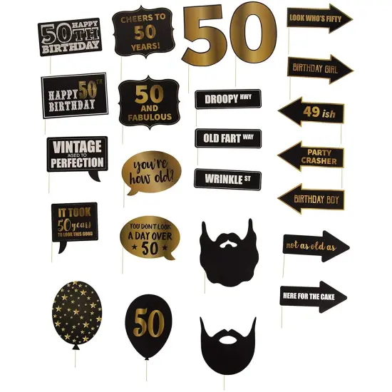 50th Birthday Photo Booth Props - 60-Pack Birthday Party Supplies, Selfie Props, Party Favors for Cocktail Parties, Black and Gold {4}