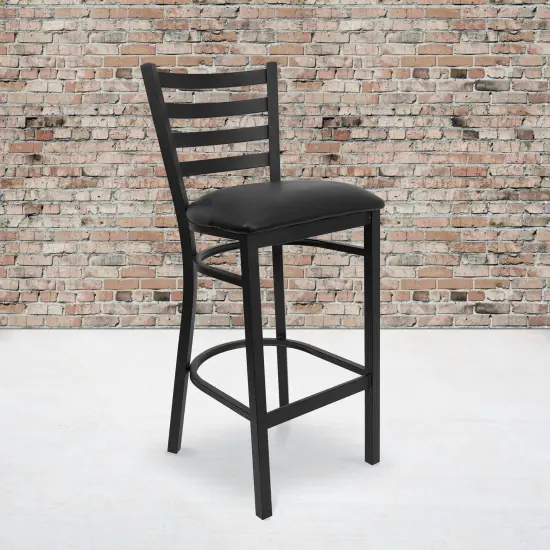 Emma and Oliver 2 Pack Ladder Back Metal Restaurant Barstool BlackVyl/BlackMetal {1}