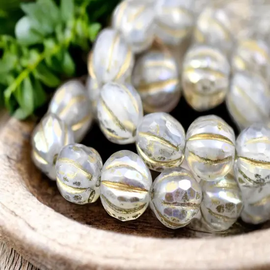 *12* 10mm Gold Washed Crystal Opaline AB Faceted Round Melon Beads {6}