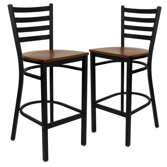 Emma and Oliver 2 Pack Ladder Back Metal Restaurant Barstool CherryWood/Black {2}