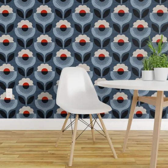 Pre-Pasted Wallpaper 2FT Wide Geometric Floral Blue Red Black Art Deco Scandinavian Modern Minimalist Mid Century Custom Pre-pasted Wallpaper by Spoonflower {1}