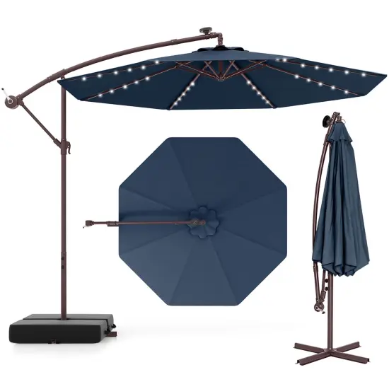 Costway Patio 10FT Hanging Offset Umbrella 32 LED Lights Sand Bag Outdoor Cross Base Beige/Turquoise/Dark Gray/Wine/Coffee/Navy {9}