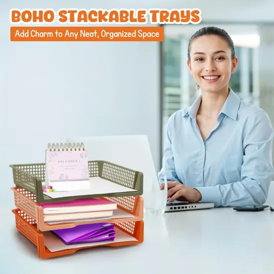 4E's Novelty 6 Pack Stackable Trays for Classroom, Durable Organizer With Classy Colors, Boho Paper Tray for Classroom, Durable Classrooms Paper Trays for Teachers, Teacher Turn In Tray Storage {6}