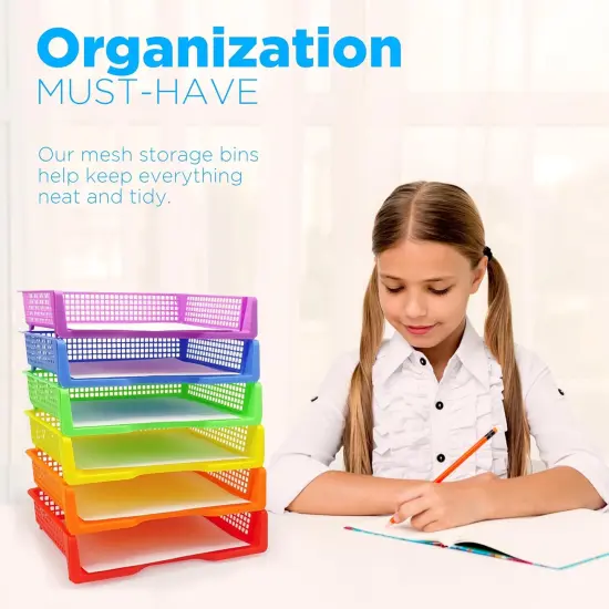 4E's Novelty 6 Colorful Plastic Trays for Teachers, Durable Turn in Trays, Classroom Paper Organizers, Stackable Storage Baskets for Office Desk, Classroom Organization Supplies, 13.3"L x 9.2"W x 3"H {6}