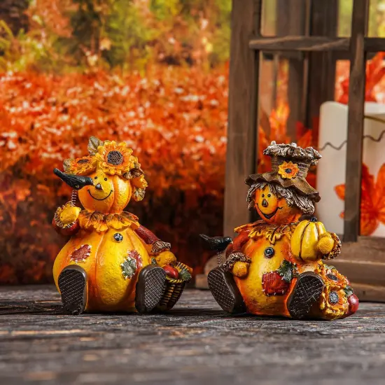 Set of 2 -Polystone Table Decor Seasonal Fall Harvest Statue Pumpkin {5}