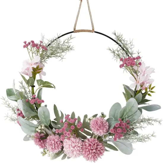Floral Hoop Wreath Decor with Purple Spring Flowers Green Leaves {1}