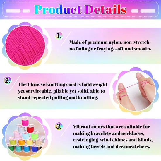 Nylon String for Bracelets, 20 Rolls Chinese Knotting Cord Nylon Beading Thread for Kumihimo, Braided Bracelets, Beading, Necklaces, Macrame Craft, Wind Chime, Jewelry Making {4}
